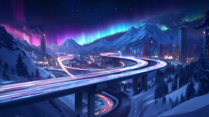 Wall Mural - futuristic city aurora borealis