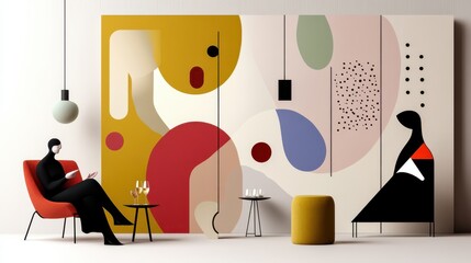 Two abstract figures converse amidst modern decor, framed by a vibrant mural, creating an engaging blend of art and dialogue.