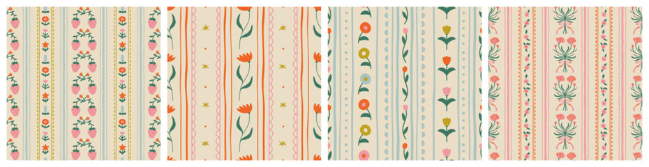 Leinwandbilder - Set of colorful vintage flower art seamless pattern illustration. Retro nature floral background collection in hand drawn style. Spring season decoration texture, nature textile drawing print.