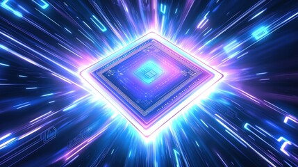 Glowing microchip processing data, fast speed, digital burst, dark background, tech concept