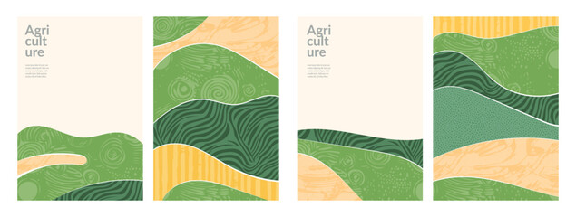 Wall Mural - Sustainable farm landscape abstract vector illustration. Green background, agriculture, nature, organic field. Ecology collage design, business template, flyer and vertical poster. Eco brochure cover
