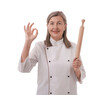 © New Africa - Happy chef with rolling pin showing ok gesture on white background
