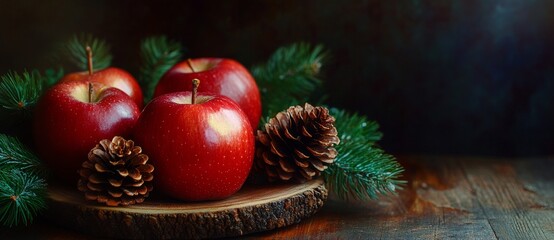 Sticker - A seasonal still life of red apples, pine cones, and festive decorations stands out against a dark backdrop, emphasizing seasonal charm