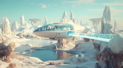 Wall Mural - Futuristic spaceship on a crystalline island connected by bridges to other floating islands in a desolate landscape. Otherworldly Light Bridges. Illustration