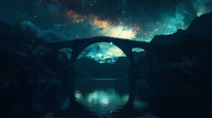 Wall Mural - Illuminated bridge arching over a dark lake, beneath a vibrant, cosmic night sky. Otherworldly Light Bridges. Illustration