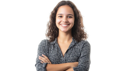 Wall Mural - Professional businesswoman confidently standing with crossed arms, radiating success and corporate leadership on transparent background