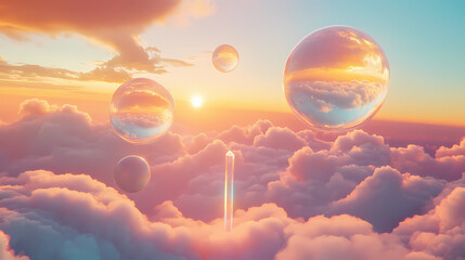 Wall Mural - Ethereal scene featuring floating spheres and a prism above colorful clouds at sunset. Floating Prism Landscapes. Illustration