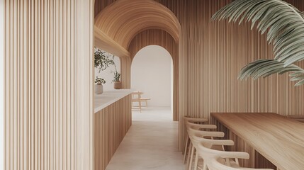 Wooden cafe interior, minimalist design