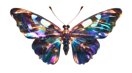 Poster - Iridescent butterfly wings shimmering, delicate translucent patterns displaying vibrant colors against transparent backdrop, ideal for graphic design