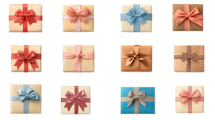 Aufkleber - Twelve colorful gift boxes with ribbon bow isolated on transparent background, ideal for celebrations and anniversaries