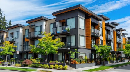 Wall Mural - Modern multi-story residential building with balconies surrounded by vibrant landscaping under a clear blue sky