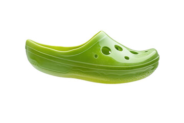 A vibrant green clog floating above a smooth white surface in a playful, whimsical moment isolated on transparent background