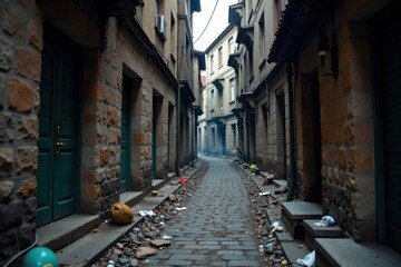  Dark, gritty urban alleyway with worn stone walls and scattered trash, grunge, abandoned, night