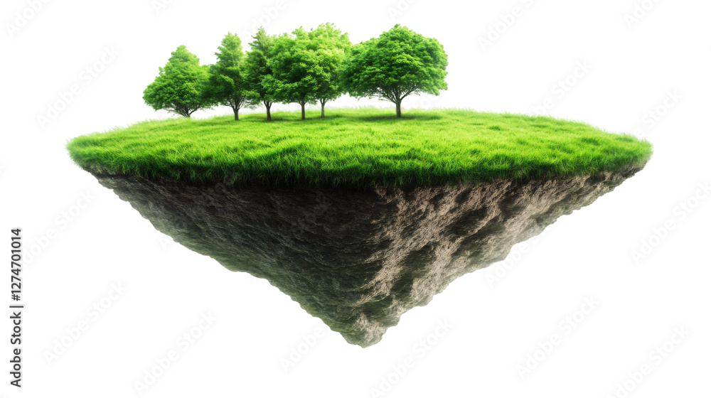 Lush green grass and trees growing on a floating island with a ...