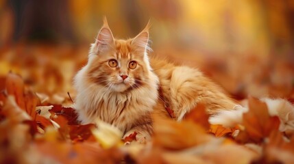 Wall Mural - A majestic orange Maine Coon cat lounging amidst colorful autumn leaves in a serene forest setting