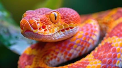 Canvas Print - Close-up of a vibrant orange and yellow snake resting on green foliage in a lush environment, showcasing its scales