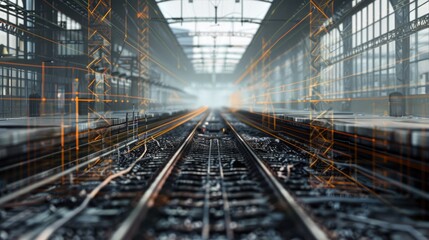 Wall Mural - Futuristic railway station perspective with tracks leading into a hazy distance, surrounded by digital overlays and industrial architecture