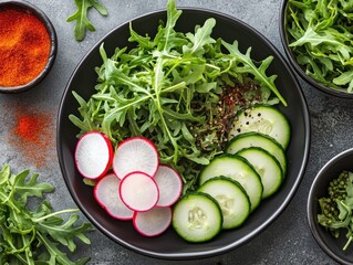 Wall Mural - Colorful vegetable salad with cucumber, radish, and red pepper. Seasoned with fresh pepper.