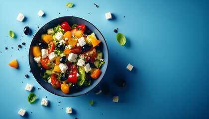 Wall Mural - Greek salad with fresh vegetables, feta cheese and black olives over blue background