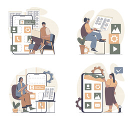 Poster - App development concept scenes set in flat web design. People in situations of programming mobile phone layouts, building app buttons and elements, testing products and optimize. Vector illustrations.