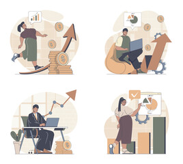 Leinwandbilder - Business growth concept scenes set in flat web design. People in situations of developing project and getting arrow up graph, making data analysis with financial rise statistic. Vector illustrations.