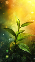 Aufkleber - Close-up of a young plant with water drops, thriving in golden sunlight, symbolizing growth, nature, and new beginnings