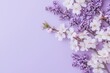 © World of AI - flat lay frame of cherry blossom branches and lilac branches on a pastel purple solid color background, copy space