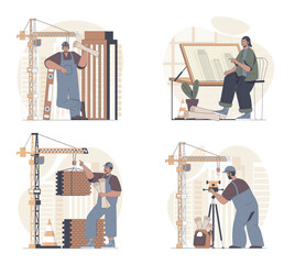 Fototapete - Construction engineer concept scenes set in flat web design. People in situations of making house construct and brickwork, creating architect blueprint, working at building site. Vector illustrations.