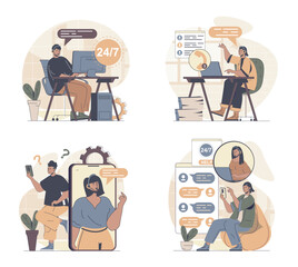 Poster - Customer service concept scenes set in flat web design. People in situations of consulting online and solving problems, answering clients calls and messages, chatting online. Vector illustrations.