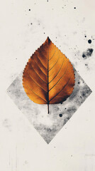 Leinwandbilder - Minimalist golden leaf resting on textured gray rhombus, highlighting autumn's subtle elegance against crisp white backdrop