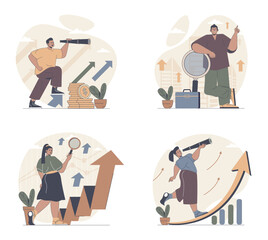 Poster - Searching for opportunities concept scenes set in flat web design. People in situations of looking career solutions, creating success strategy, achieving job goals and vision. Vector illustrations.