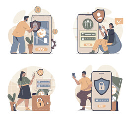 Fototapete - Secure payment concept scenes set in flat web design. People in situations of making internet shopping with protect shield service, ordering with online paying for saving money. Vector illustrations.