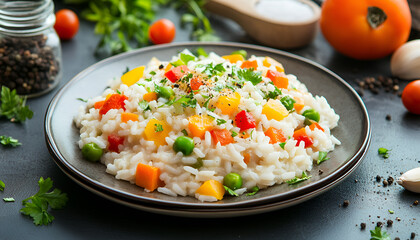 Wall Mural - Vegetarian risotto with white rice and fresh colourful vegetables on plate and organic ingredients close up