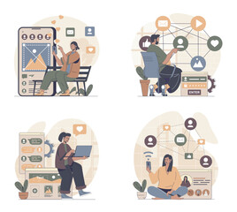 Leinwandbilder - Social network concept scenes set in flat web design. People in situations of online connect with internet friends, taking selfies, posting online, collect likes, sharing links. Vector illustrations.