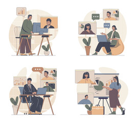Fototapete - Video business conference concept scenes set in flat web design. People in situations of working remotely at global project, connecting online for getting breafing and tasks. Vector illustrations.