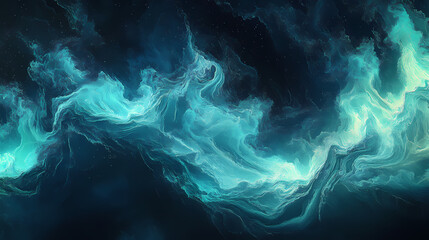 Wall Mural - Fluid, bioluminescent ocean waves in deep blues and greens, flow, light. Bioluminescent Deep Sea. Illustration