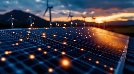 Solar panels array with glowing network connections at dramatic sunset, wind turbine silhouette in background. Clean energy and smart grid technology concept.