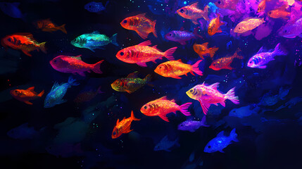 Wall Mural - A glowing school of diverse deep sea fish, each species emitting different colors of light, in a dark, mysterious environment. Bioluminescent Deep Sea. Illustration