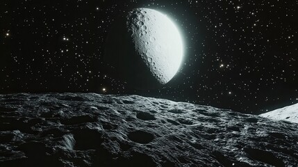 Wall Mural - Crescent moon above rocky terrain with starry sky in a nighttime space scene