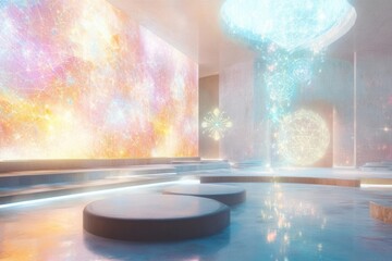 Wall Mural - ethereal digital painting of cosmic meditation space with floating sacred geometry mandalas and flow