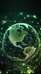 Fototapete - Green planet Earth rotating and showing America, covered by a futuristic network of connections