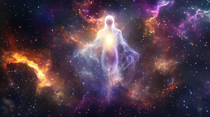 Wall Mural - glowing ghost figure in sparkling cosmos - ethereal ghost, cosmic energy, celestial being, light par
