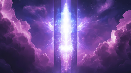 Wall Mural - Luminous crystalline gates emerging from cosmic clouds radiating prismatic light rays with ethereal beings of pure energy as guardians. Transcendent Light Beings. Illustration