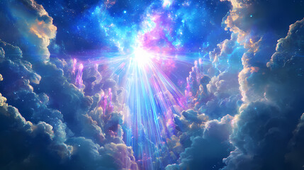 Wall Mural - luminous crystalline gates emerging from cosmic clouds radiating prismatic light rays with ethereal 