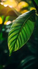 Aufkleber - Green leaf detail, golden sunlight highlighting intricate venation, illuminating botanical delicacy against soft verdant background