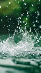Poster - Close-up of water crown with drops splashing over a blurred green background, concept of freshness and purity