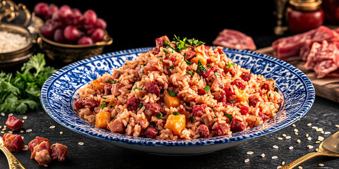 Wall Mural - Rice dish with meat and squash on a blue patterned plate surrounded by grapes and herbs.