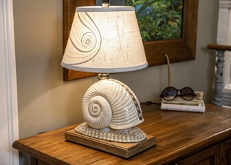 Sticker - Table Lamp Designed With a Shell Base Illuminates Cozy Decor. Generative AI