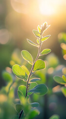 Aufkleber - Close-up of vibrant green leaves thriving on a delicate branch, bathed in the warm glow of golden sunlight