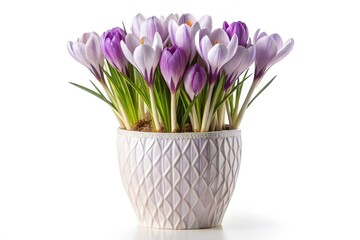 Sticker - Cutout of a Pastel Purple Vase Filled With Crocus Flowers. Generative AI